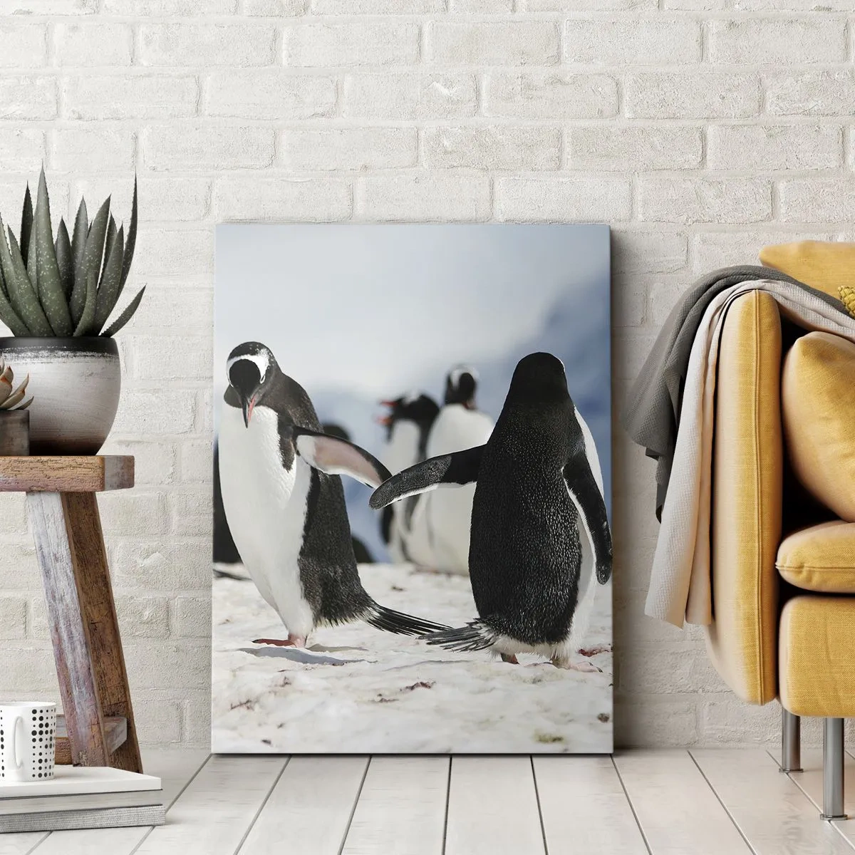 Impression sur toile - Image sur toile - Un groupe de pingouins dans la neige dans un paysage antarctique - 70x100cm - Danser dans la neige - Décoration murale moderne pour le salon et la chambre ARTTOR