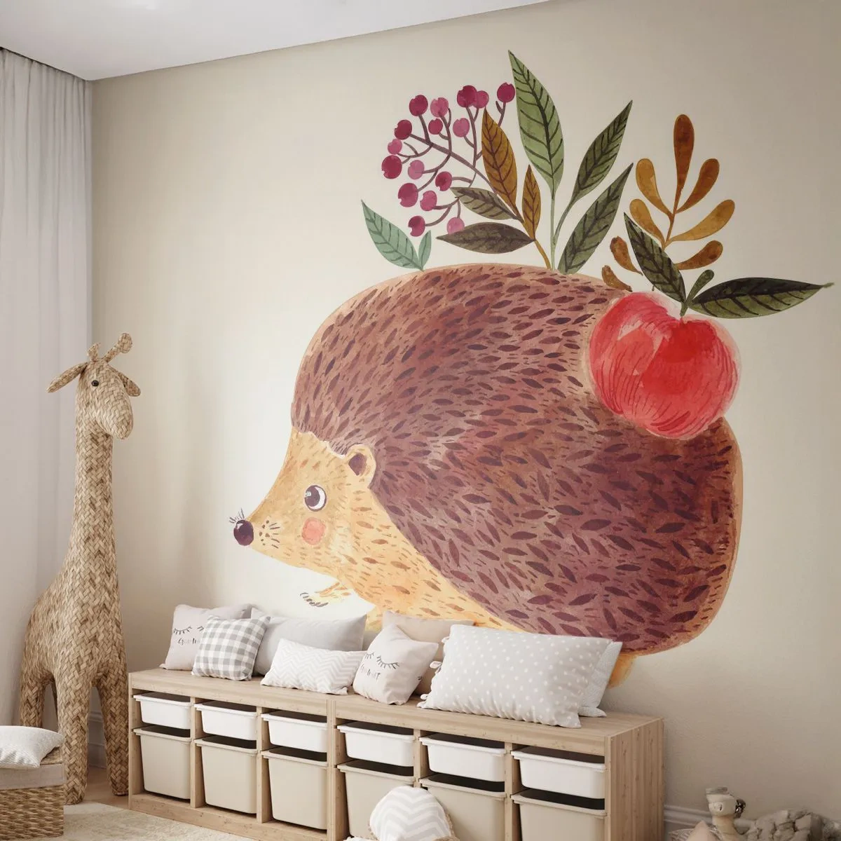Papier Peint Photo Premium Sand - Illustration d'un hérisson avec une pomme et des feuilles sur le dos - 100x70cm - Et tu m’apprécies déjà - Décoration murale moderne pour le salon et la chambre ARTTOR