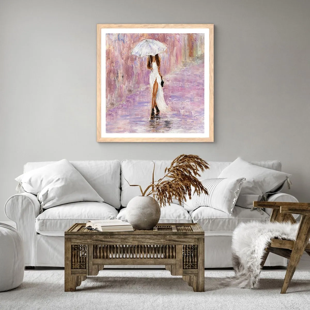 Affiche dans un chêne clair - Poster - Sous la pluie lilas - 30x30 cm