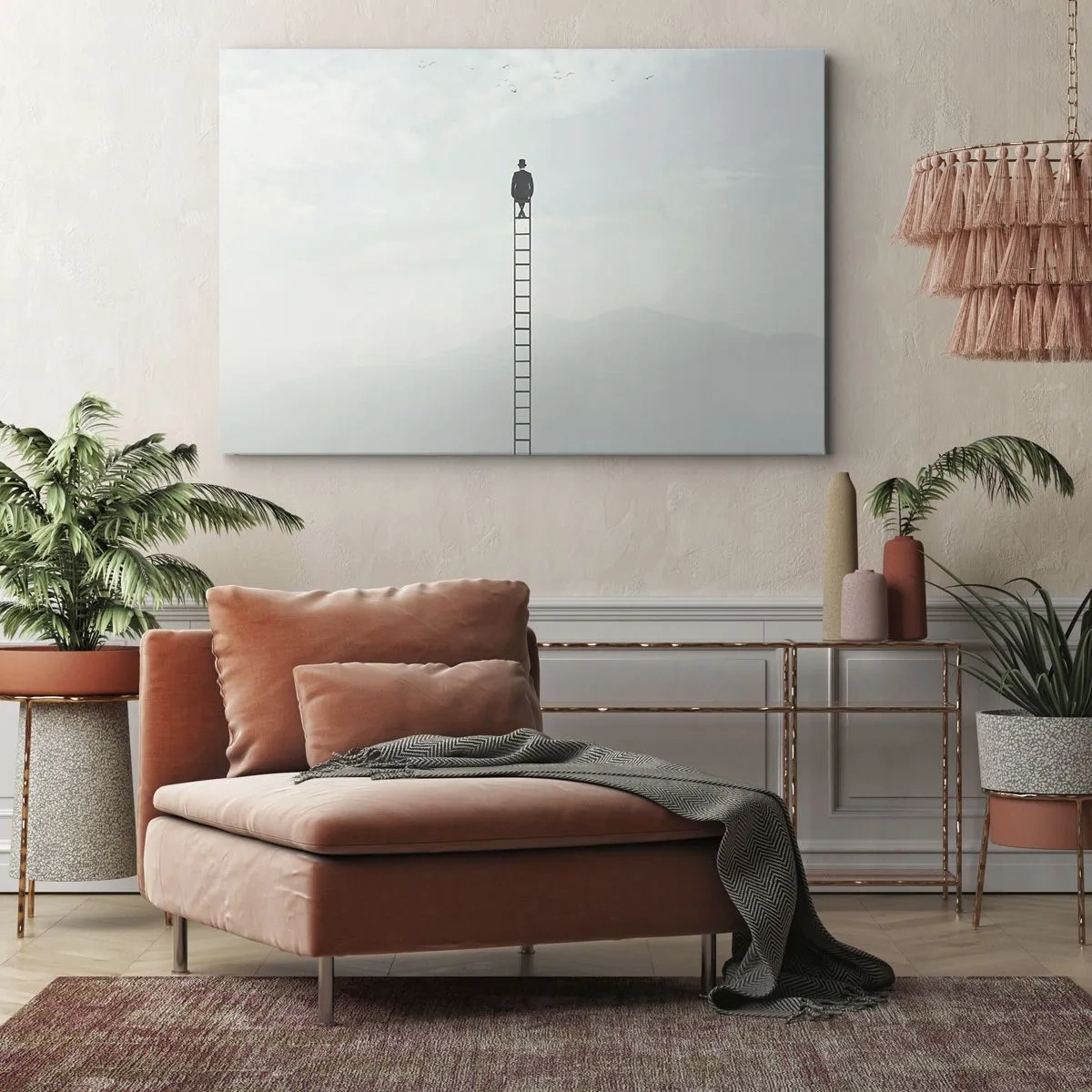 Impression sur toile - Image sur toile - Un homme sur une échelle s'élevant vers le ciel - 100x70cm - Se soulever au-dessus - Décoration murale moderne pour le salon et la chambre ARTTOR