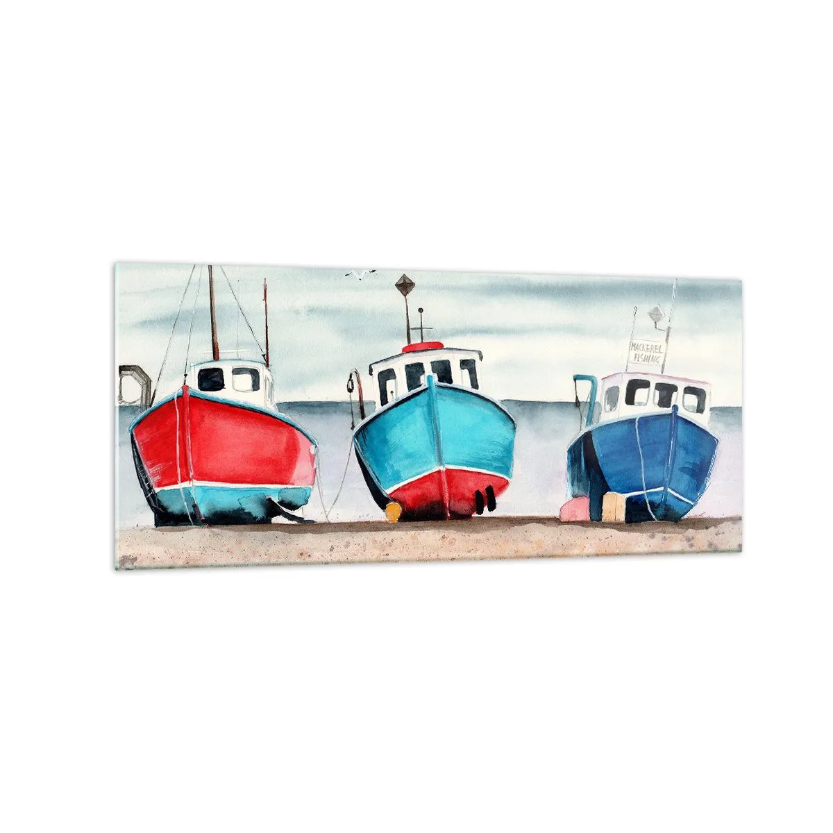 Impression sur verre - Image sur verre - Bateaux de pêche colorés sur le rivage dans un paysage marin - 120x50cm - Prêt pour la pêche - Décoration murale moderne pour le salon et la chambre ARTTOR