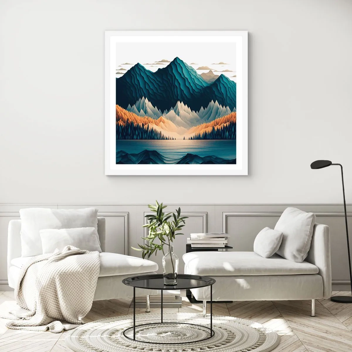 Affiche dans un cadre blanc - Poster - Paysage de montagne parfait - 40x40 cm