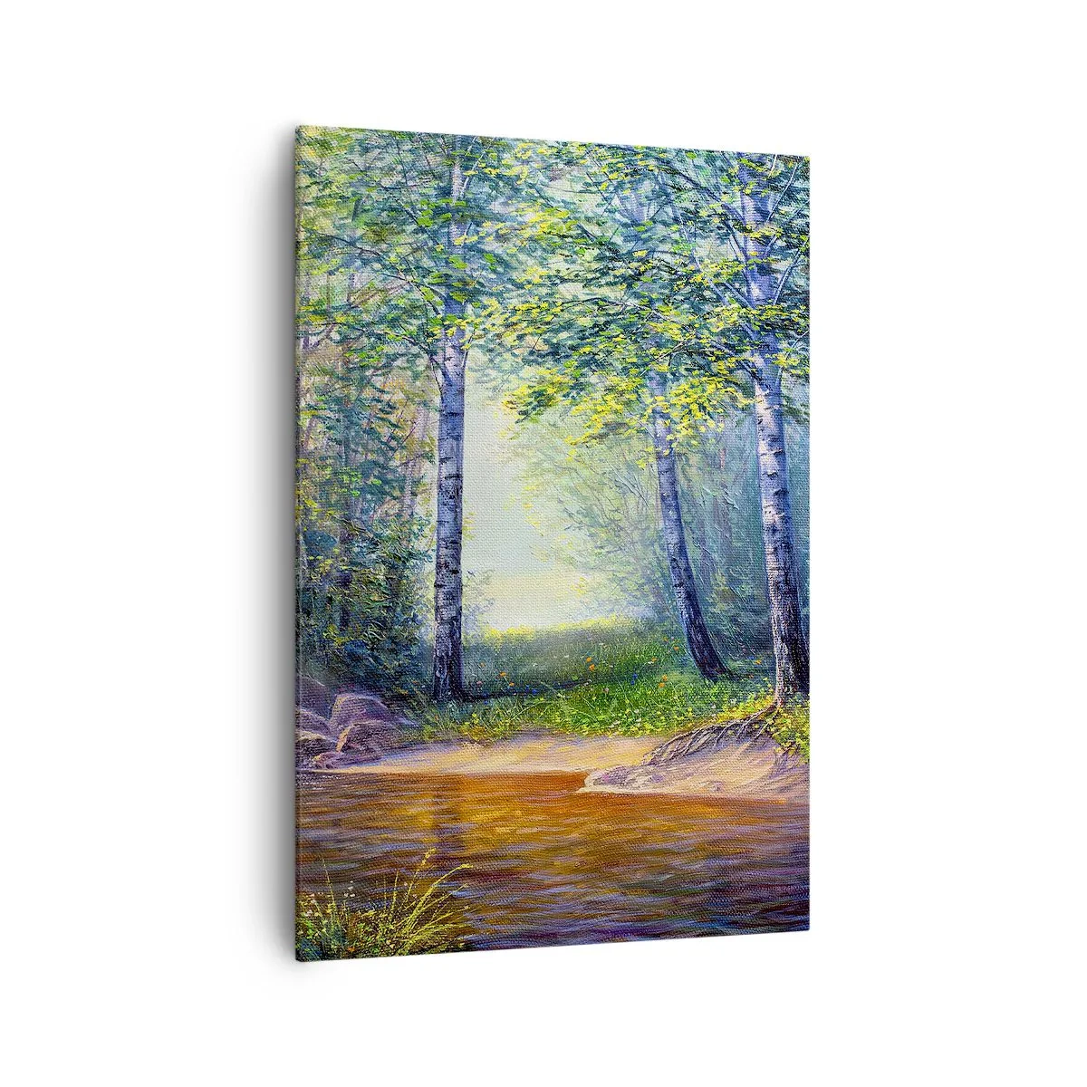Impression sur toile - Image sur toile - Un ruisseau forestier entouré de bouleaux et de soleil - 70x100cm - Paysage idyllique - Décoration murale moderne pour le salon et la chambre ARTTOR