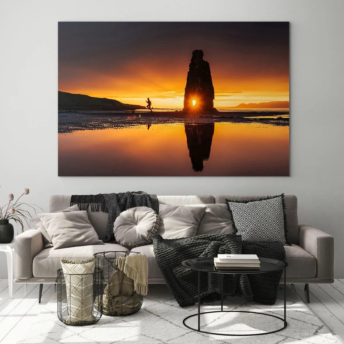 Impression sur verre - Image sur verre - Coucher de soleil avec une silhouette humaine et une formation rocheuse - 70x50cm - Juste vous et la nature - Décoration murale moderne pour le salon et la chambre ARTTOR