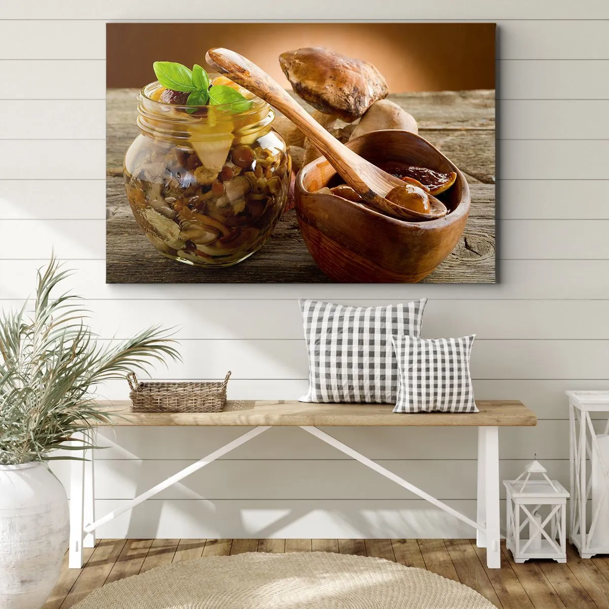 Impression sur toile - Image sur toile - Champignons naturels dans un bocal sur une table rustique - 100x70cm - Que ce soit frais ou salé, ou en automne... - Décoration murale moderne pour le salon et la chambre ARTTOR