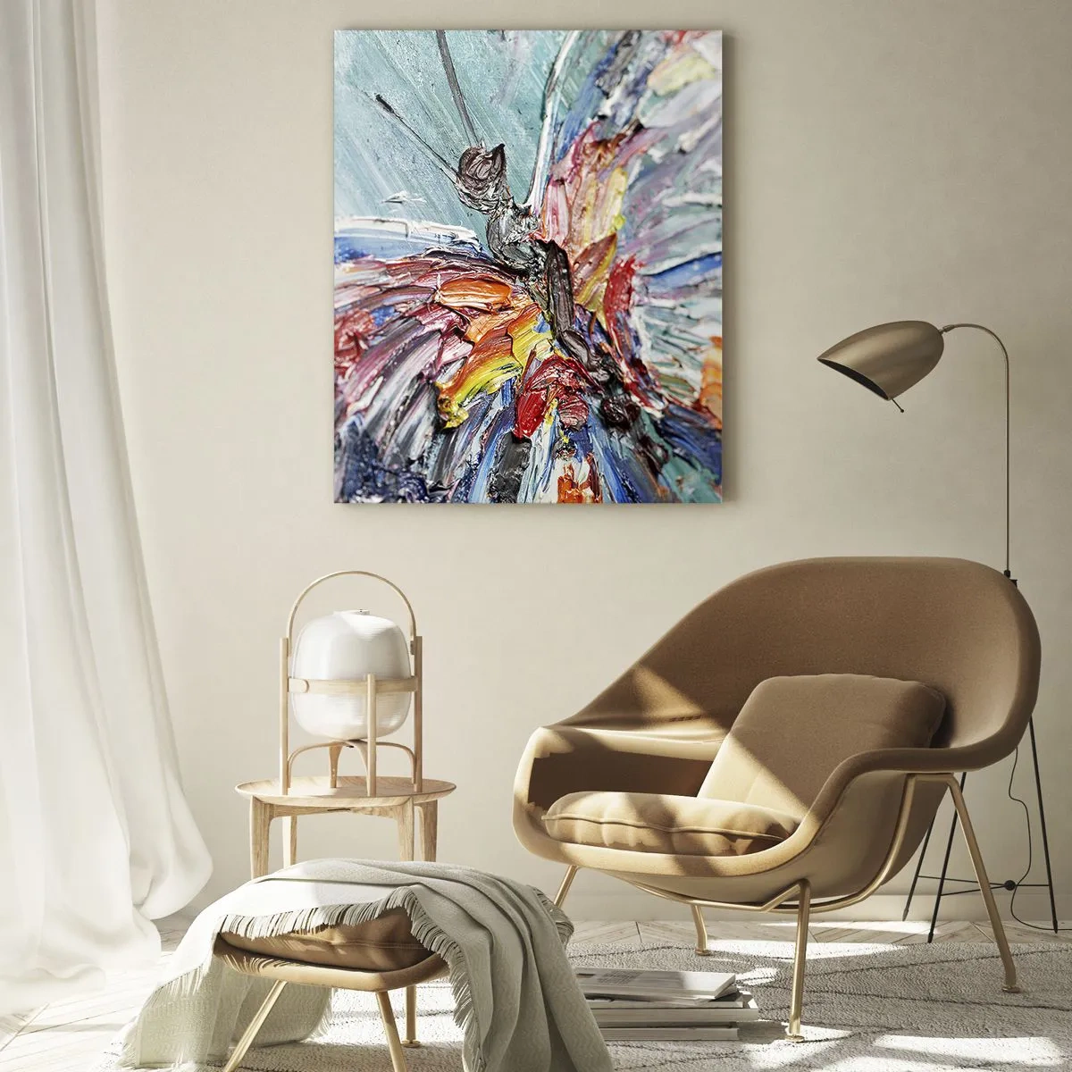 Impression sur verre - Image sur verre - Papillon coloré en pâte sur fond pastel - 70x100cm - Peint par nature - Décoration murale moderne pour le salon et la chambre ARTTOR