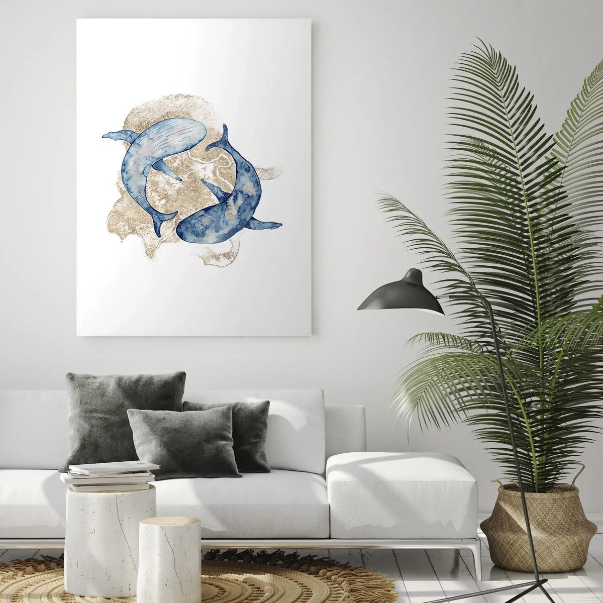 Impression sur verre - Image sur verre - Baleines bleues abstraites sur fond clair - 80x120cm - Amis ou amoureux? - Décoration murale moderne pour le salon et la chambre ARTTOR
