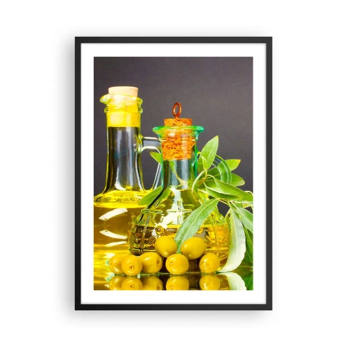 Affiche dans un cadre noir - Poster - Bouteilles d'huile d'olive et d'olives vertes - 50x70cm - Nature morte aux olives et à l'huile d'olive - Décoration murale moderne pour le salon et la chambre ARTTOR