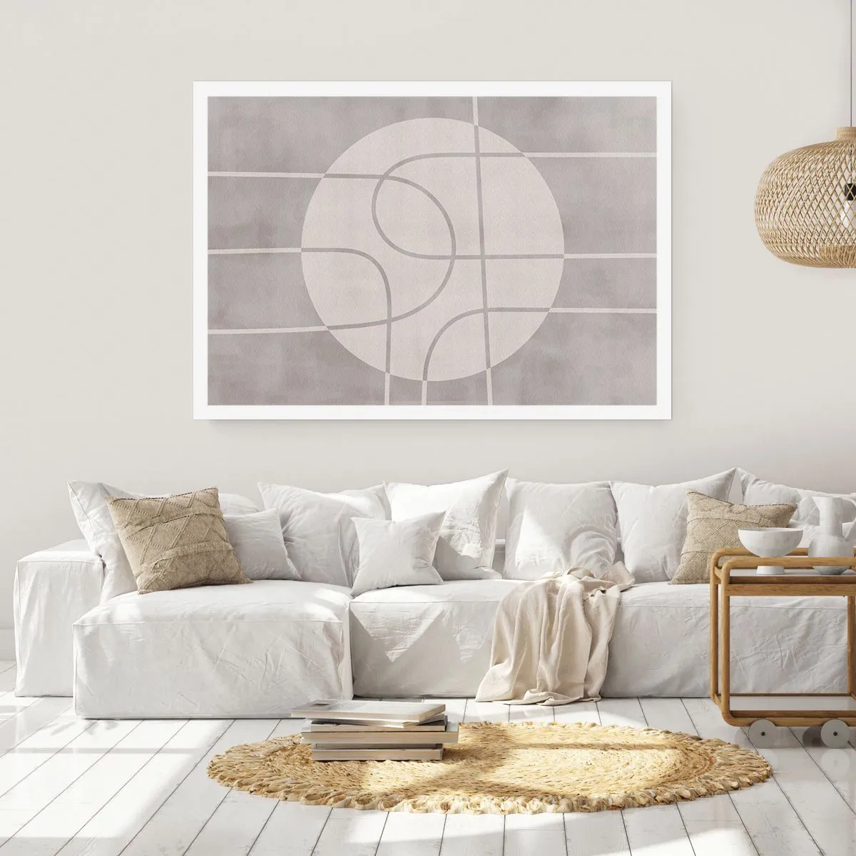 Affiche - Poster - Motif géométrique dans les tons de gris et de blanc - 100x70cm - Circulaire et tout droit - Décoration murale moderne pour le salon et la chambre ARTTOR