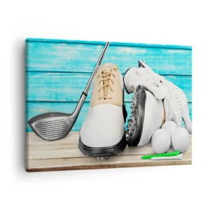 Impression sur toile - Image sur toile - Un ensemble d'accessoires de golf sur un fond en bois - 70x50cm - Tout est prêt - Décoration murale moderne pour le salon et la chambre ARTTOR