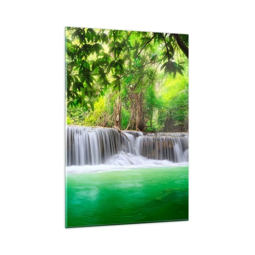 Impression sur verre - Image sur verre - Une cascade verte entourée d'une végétation tropicale dense - 80x120cm - Une cascade de vert - Décoration murale moderne pour le salon et la chambre ARTTOR