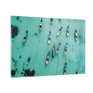 Impression sur verre - Image sur verre - Bateaux sur l'eau turquoise vus d'en haut - 100x70cm - Dans une attente jouyeuse - Décoration murale moderne pour le salon et la chambre ARTTOR