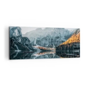 Impression sur toile - Image sur toile - Un paysage de montagne se reflétant dans la surface calme d'un lac - 120x50cm - Reflet de paysage - Décoration murale moderne pour le salon et la chambre ARTTOR