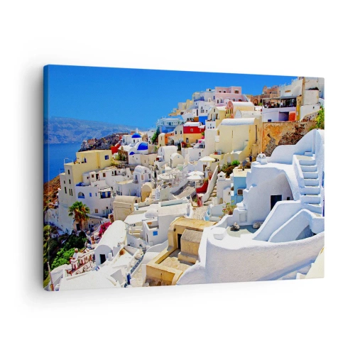Impression sur toile - Image sur toile - Panorama de Santorin avec des maisons blanches et un ciel bleu - 70x50cm - Le rêve d'un été grec - Décoration murale moderne pour le salon et la chambre ARTTOR