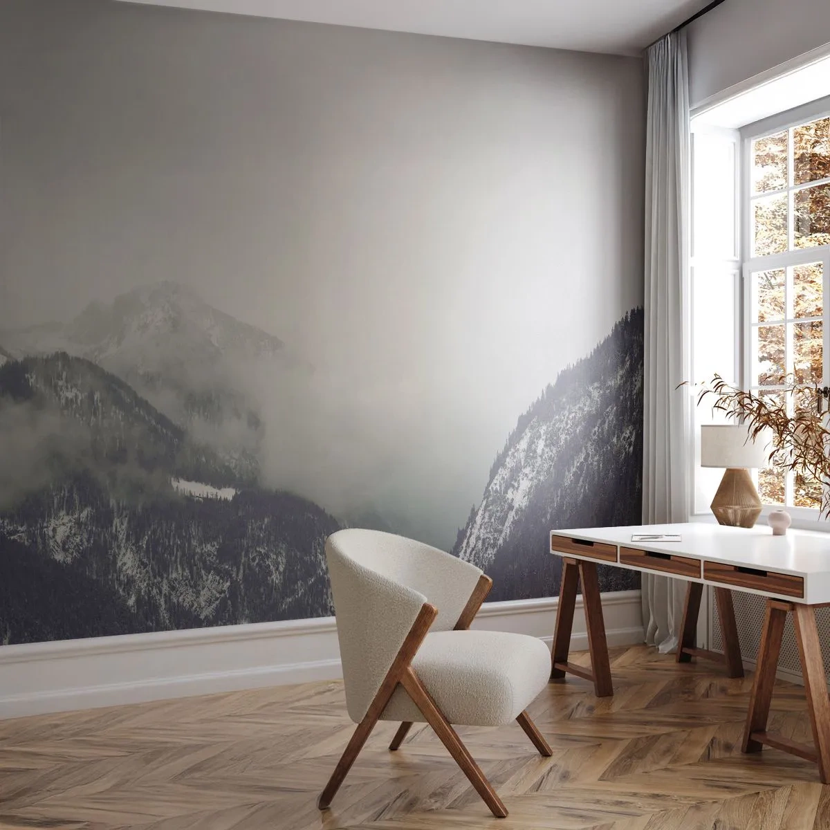 Papier Peint Photo Standard Eco - Un paysage de montagne enveloppé de brume aux couleurs monochromes - 100x70cm - Vallée brumeuse - Décoration murale moderne pour le salon et la chambre ARTTOR