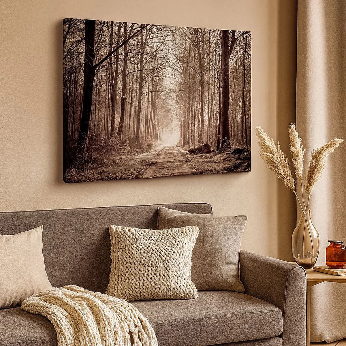 Impression sur toile - Image sur toile - Un chemin forestier parmi des arbres aux tons sépia - 70x50cm - Cathédrale de la forêt - Décoration murale moderne pour le salon et la chambre ARTTOR