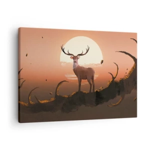 Impression sur toile - Image sur toile - Un cerf sur fond de soleil couchant et un paysage surréaliste - 70x50cm - Cette nuit ne ressemble à aucune autre - Décoration murale moderne pour le salon et la chambre ARTTOR