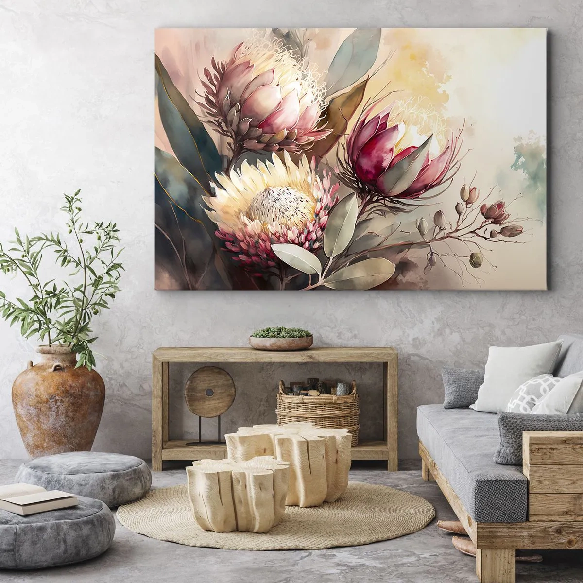 Impression sur toile - Image sur toile - Fleurs de Protea aux tons pastel délicats - 100x70cm - De profil et de face - Décoration murale moderne pour le salon et la chambre ARTTOR