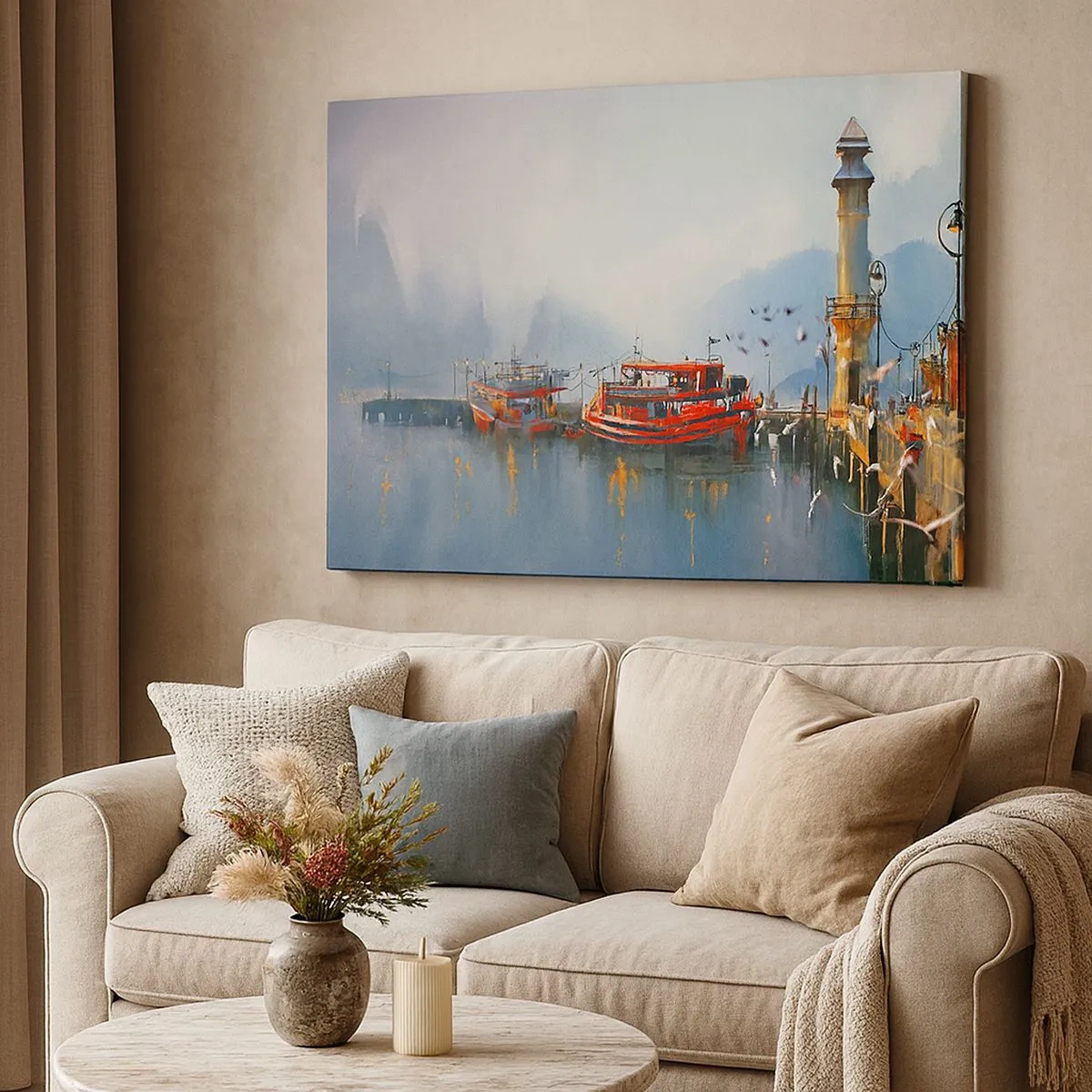 Impression sur toile - Image sur toile - Un port avec des bateaux rouges entouré d'un paysage brumeux - 70x50cm - Na końcu świata - Décoration murale moderne pour le salon et la chambre ARTTOR