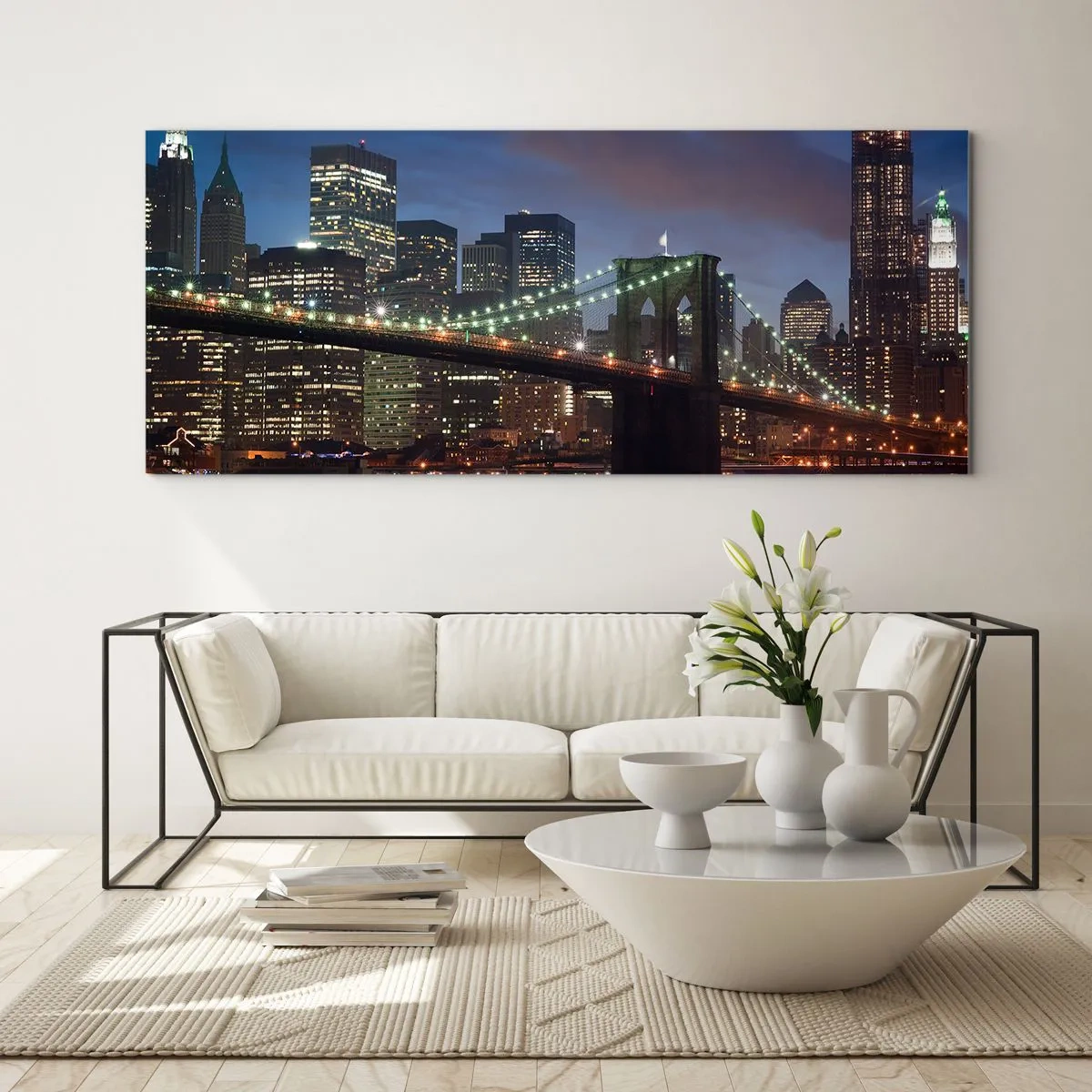 Impression sur verre - Image sur verre - Pont de New York la nuit avec bâtiments illuminés - 160x50cm - Nuit rougeoyante - Décoration murale moderne pour le salon et la chambre ARTTOR