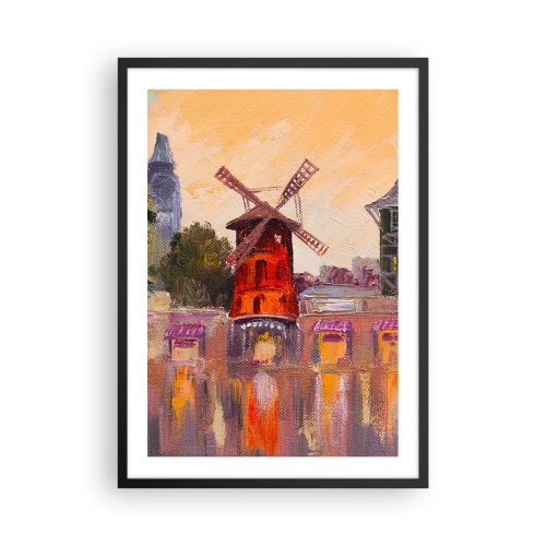 Affiche dans un cadre noir - Poster - Une interprétation picturale du célèbre moulin à vent avec la ville en toile de fond - 50x70cm - Icones parisiennes – le Moulin rouge - Décoration murale moderne pour le salon et la chambre ARTTOR