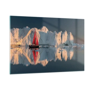 Impression sur verre - Image sur verre - Un voilier avec une voile rouge près des icebergs au coucher du soleil - 120x80cm - Aux limites du monde - Décoration murale moderne pour le salon et la chambre ARTTOR