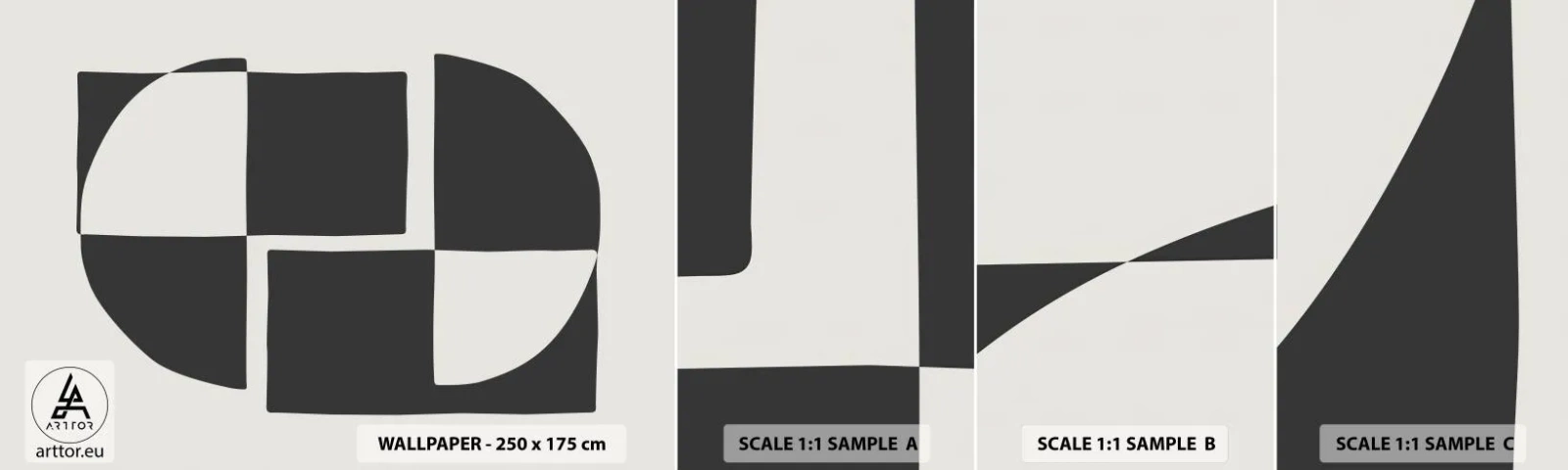 Échantillon de Papier Peint Autocollant Deluxe Sticker - Antithèse - Synthèse - Abstraction, Morceau, Noir et blanc - 100x30 cm