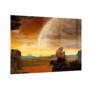 Impression sur verre - Image sur verre - Des singes assis sur un rocher avec une énorme lune en arrière-plan - 100x70cm - L'amour est le même partout - Décoration murale moderne pour le salon et la chambre ARTTOR