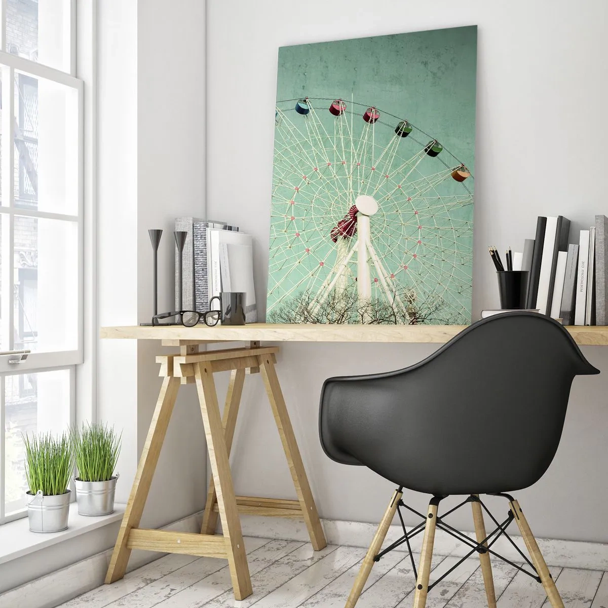 Impression sur verre - Image sur verre - Une grande roue colorée contre un ciel bleu dans un style rétro - 80x120cm - Nous vous invitons à vous amuser - Décoration murale moderne pour le salon et la chambre ARTTOR