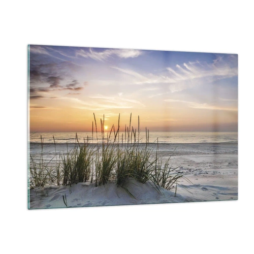 Impression sur verre - Image sur verre - Coucher de soleil sur une plage herbeuse - 120x80cm - Regarde, pense, ressent - Décoration murale moderne pour le salon et la chambre ARTTOR