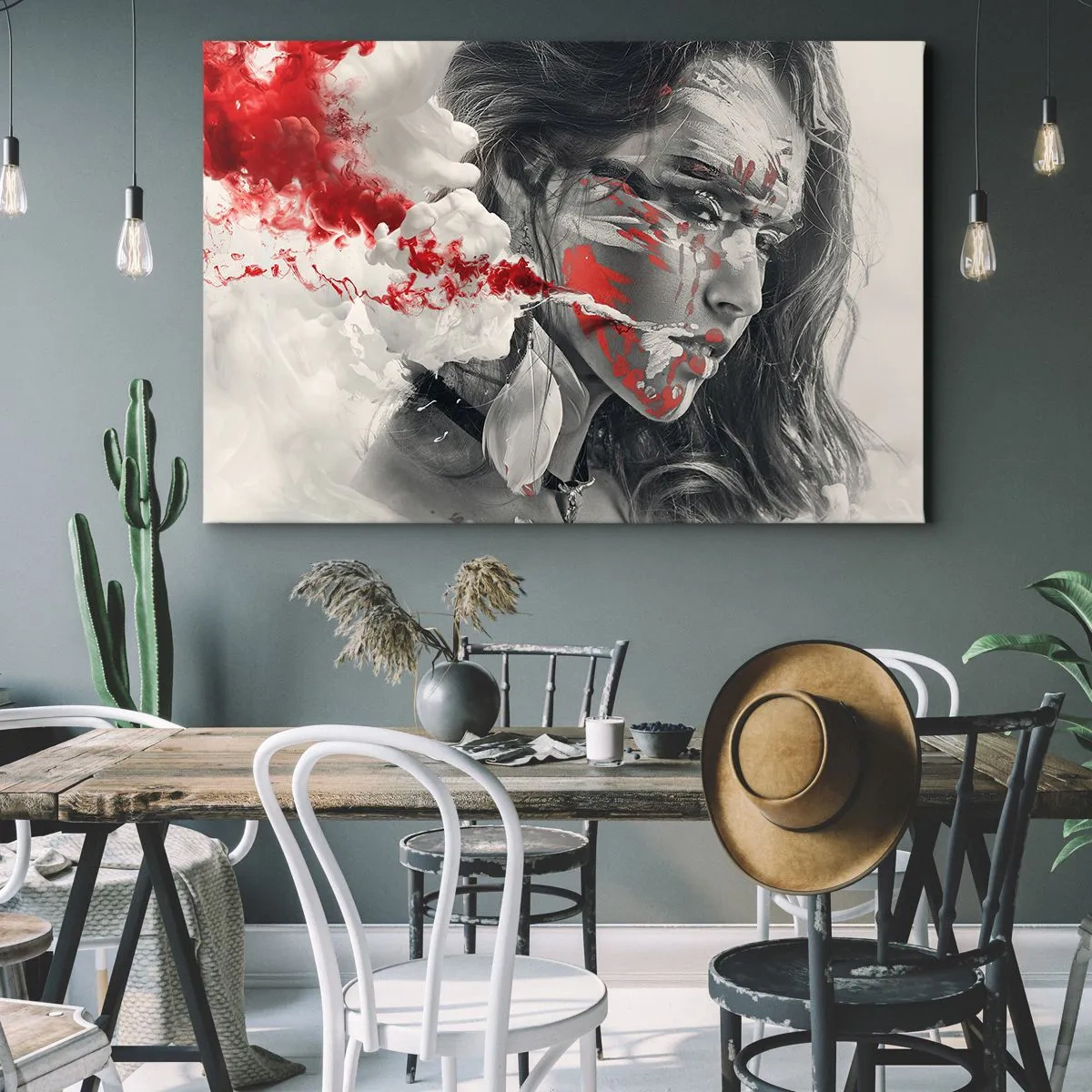 Impression sur toile - Image sur toile - Portrait artistique d'une femme aux accents rouges abstraits - 100x70cm - Dans les fumées de l'absurde - Décoration murale moderne pour le salon et la chambre ARTTOR