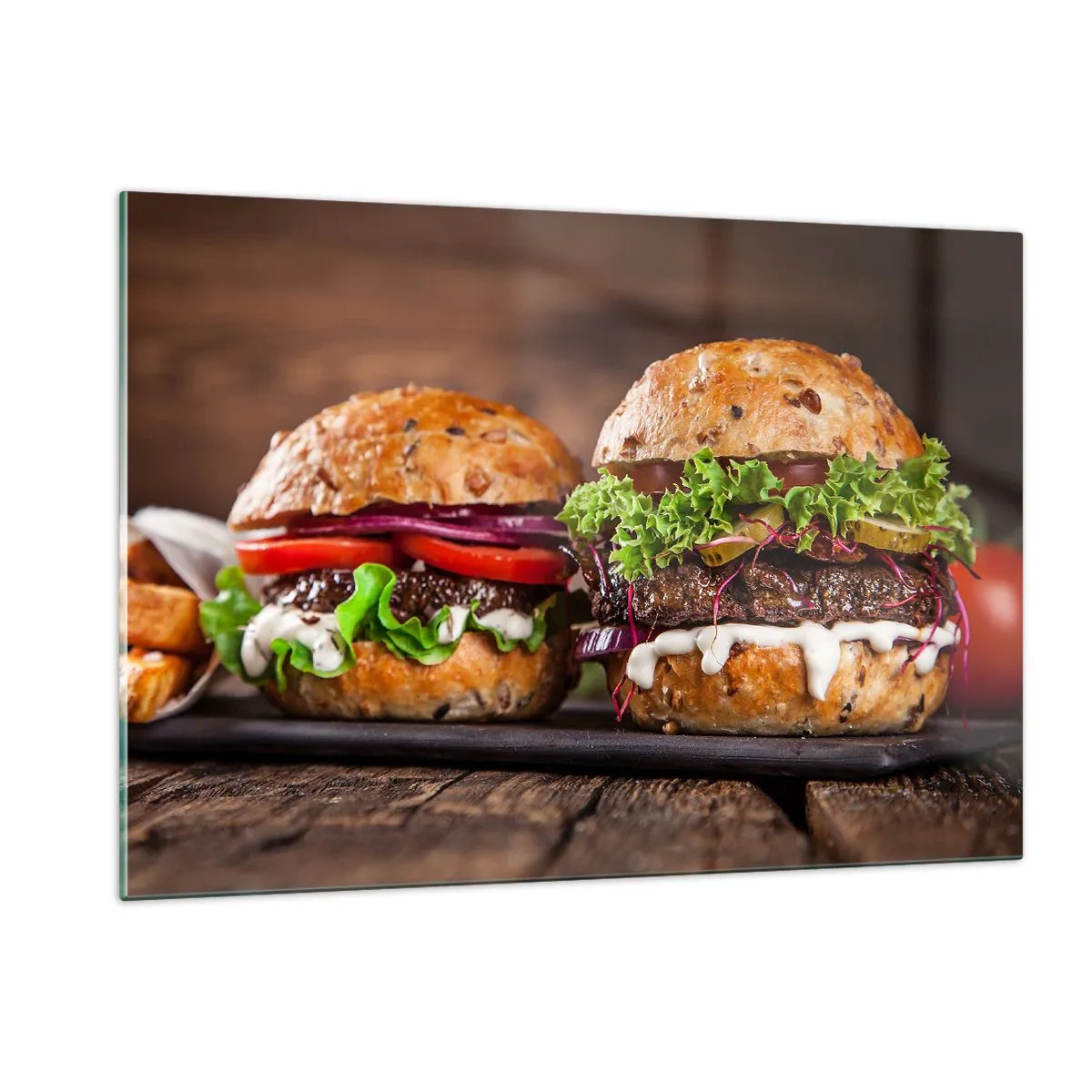 Impression sur verre - Image sur verre - Burgers appétissants avec légumes et sauce - 120x80cm - American dream - Décoration murale moderne pour le salon et la chambre ARTTOR