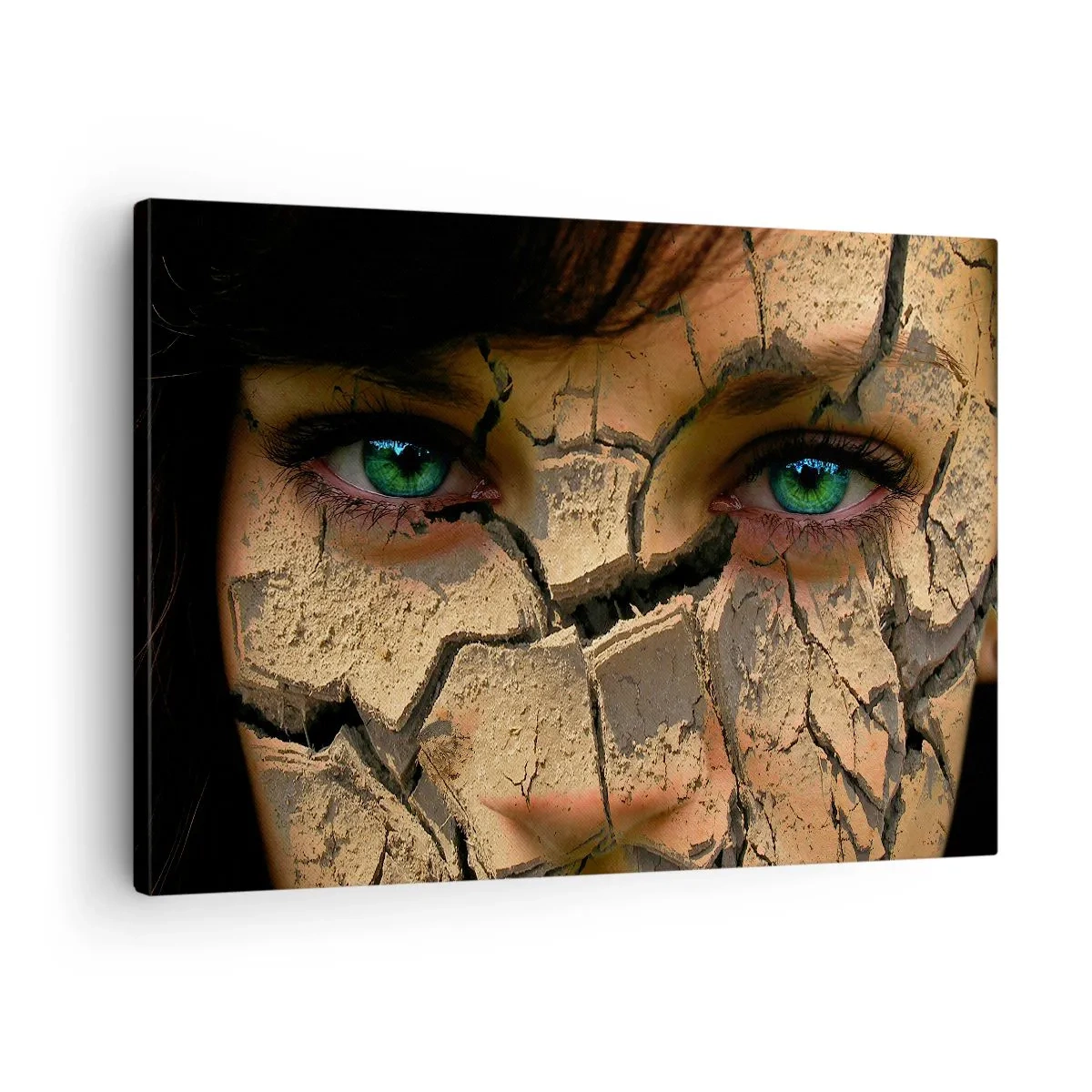 Impression sur toile - Image sur toile - Le visage d'une femme aux yeux verts recouvert d'une structure de terre craquelée - 70x50cm - Plaisir et effroi en même temps - Décoration murale moderne pour le salon et la chambre ARTTOR