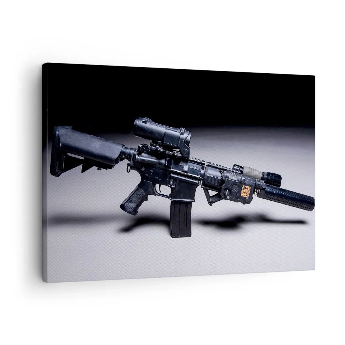 Impression sur toile - Image sur toile - Un fusil moderne en noir sur fond sombre - 70x50cm - Chevalier ténébreux - Décoration murale moderne pour le salon et la chambre ARTTOR