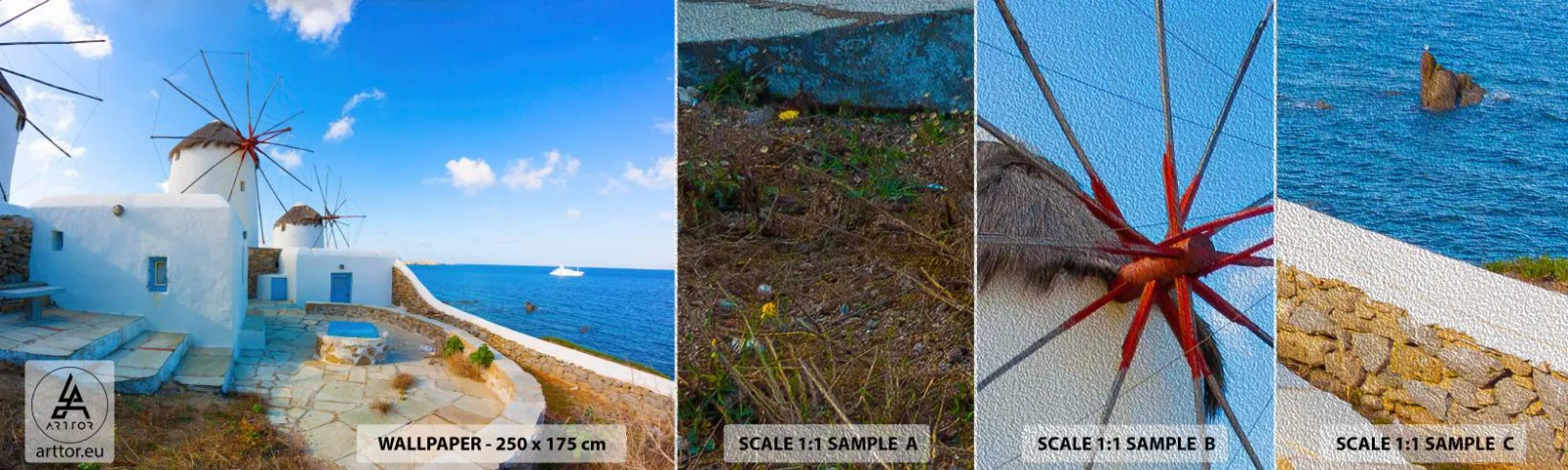 Échantillon de Papier Peint Premium Sand - Le vent bleu de la mer - Architecture, Paysage, Grèce - 100x30 cm