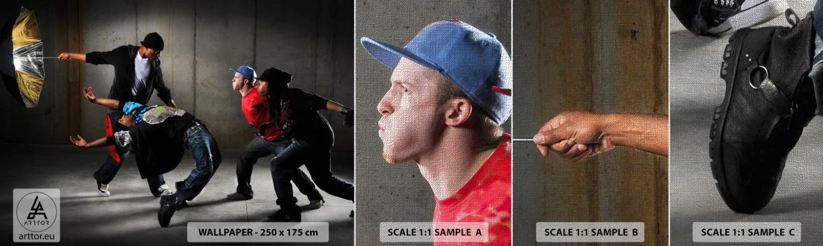 Échantillon de Papier Peint Premium Canvas - Danser avec le vent de la rue - Danse, Musique, Personnes - 100x30 cm