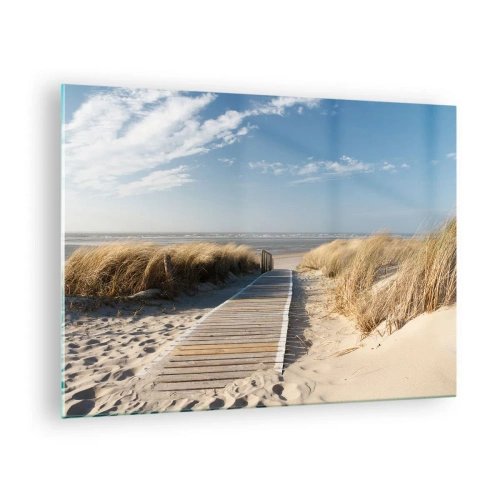 Impression sur verre - Image sur verre - Chemin en bois à travers les dunes menant à la plage - 70x50cm - Derrière la dune, dans le bruissement de l'herbe - Décoration murale moderne pour le salon et la chambre ARTTOR