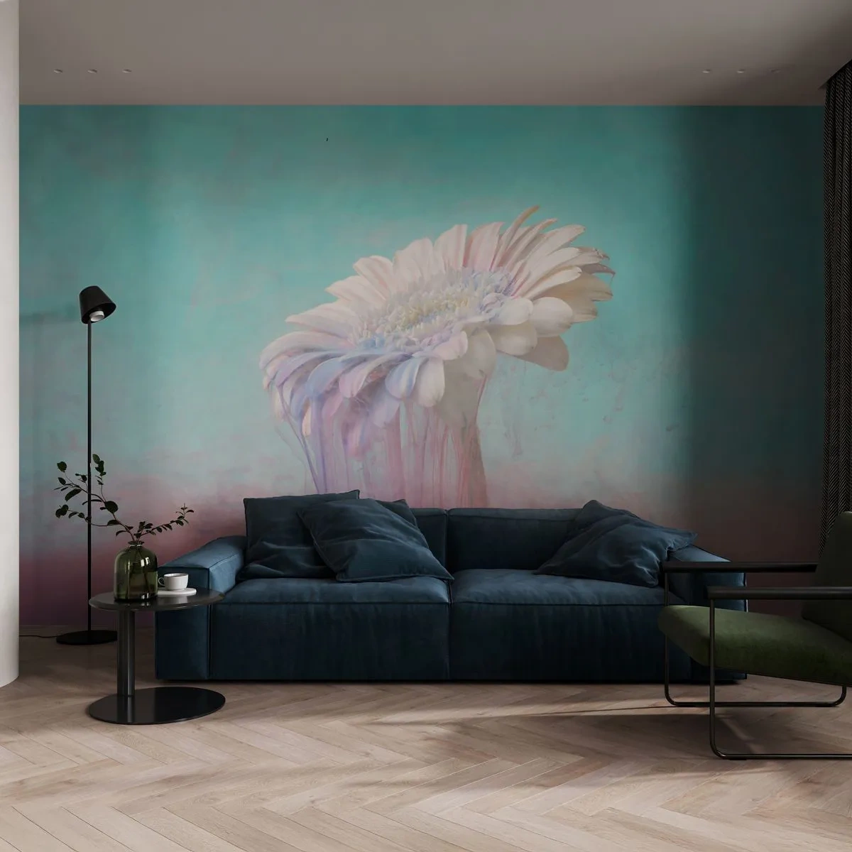 Papier Peint Photo Premium Sand - Gerbera blanc en fumée pastel - 100x70cm - Le monde souterrain des fleurs - Décoration murale moderne pour le salon et la chambre ARTTOR