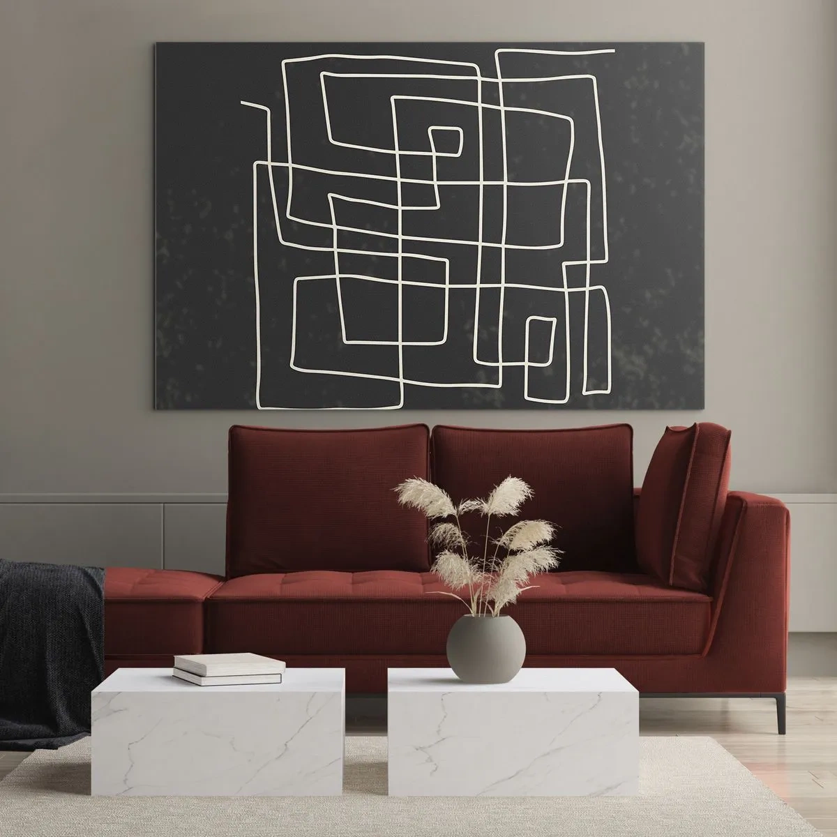 Impression sur verre - Image sur verre - Abstraction géométrique avec des lignes blanches sur fond noir - 100x70cm - Pas aussi simple - Décoration murale moderne pour le salon et la chambre ARTTOR