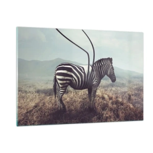 Impression sur verre - Image sur verre - Zèbre sur fond d'herbe avec des détails d'antenne surréalistes - 120x80cm - Attention! Malfaçon - Décoration murale moderne pour le salon et la chambre ARTTOR