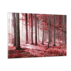 Impression sur verre - Image sur verre - Forêt d'automne aux couleurs rouges et brouillard matinal - 120x80cm - Le rouge est tout aussi beau - Décoration murale moderne pour le salon et la chambre ARTTOR