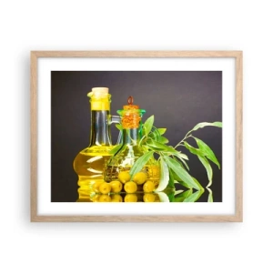 Affiche dans un chêne clair - Poster - Nature morte aux olives et à l'huile d'olive - 50x40 cm