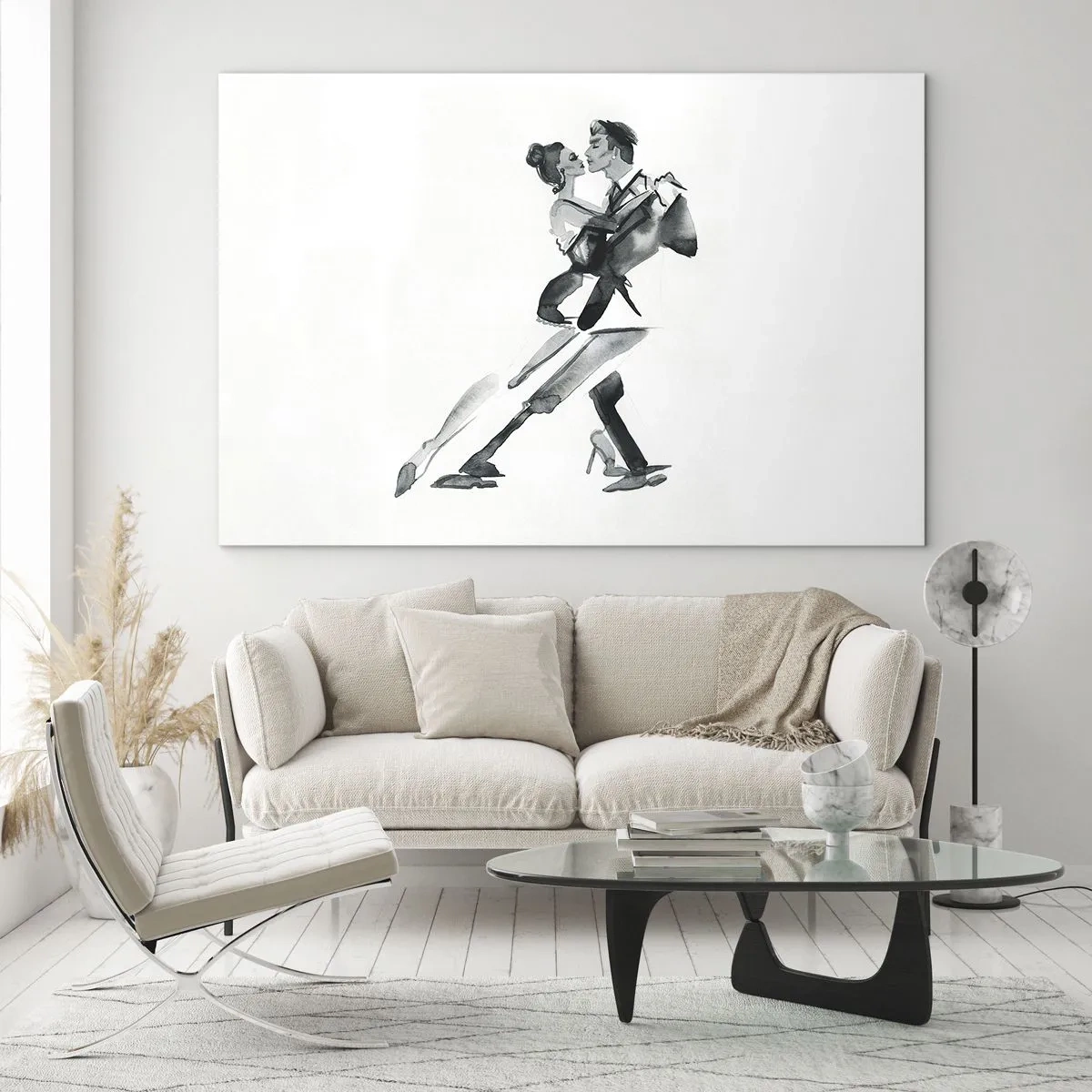 Impression sur verre - Image sur verre - Un couple dansant le tango à l'aquarelle noir et blanc - 120x80cm - En un battement - Décoration murale moderne pour le salon et la chambre ARTTOR