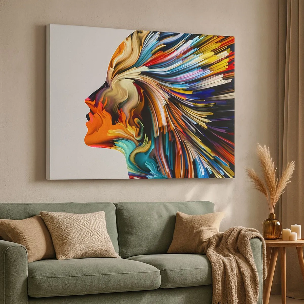 Impression sur toile - Image sur toile - Profil de visage abstrait avec des lignes dynamiques colorées. - 70x50cm - Une explosion d'imaginaire - Décoration murale moderne pour le salon et la chambre ARTTOR