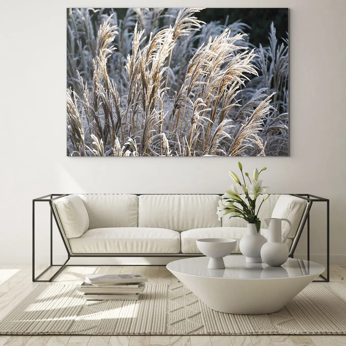 Impression sur verre - Image sur verre - Herbes gelées au soleil d'hiver - 120x80cm - Habillé de givre - Décoration murale moderne pour le salon et la chambre ARTTOR