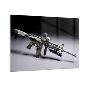 Impression sur verre - Image sur verre - Un fusil moderne sur un fond sombre avec un accent industriel - 100x70cm - Toujours menaçant - Décoration murale moderne pour le salon et la chambre ARTTOR