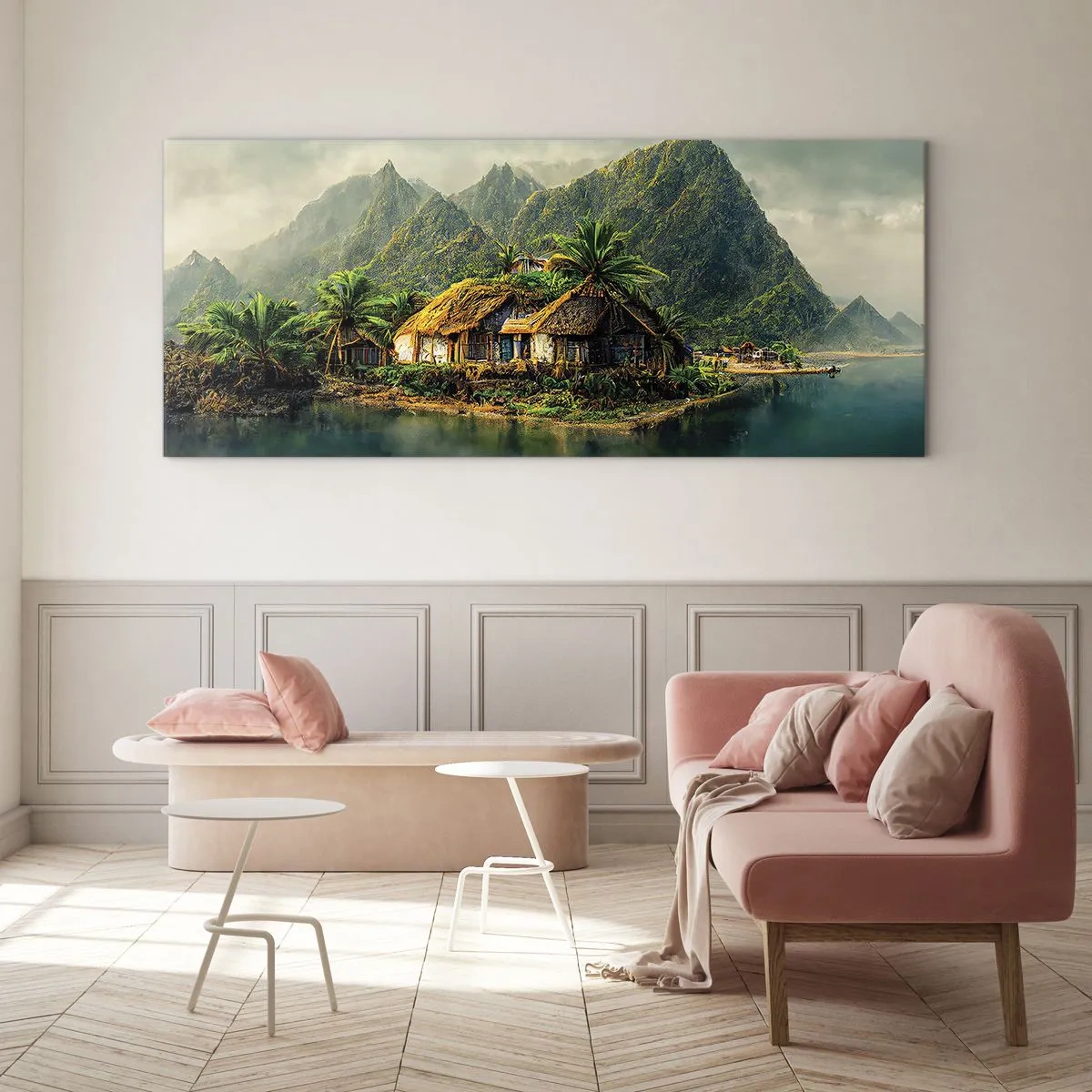 Impression sur verre - Image sur verre - Une île tropicale avec des palmiers et des montagnes en arrière-plan - 140x50cm - Paradis tropical - Décoration murale moderne pour le salon et la chambre ARTTOR