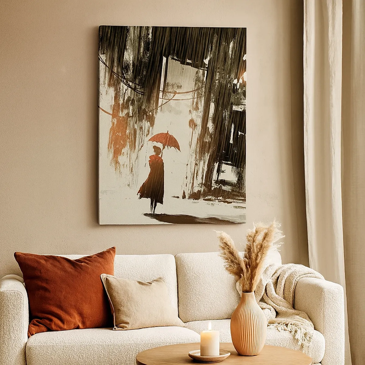 Impression sur toile - Image sur toile - Une figure rouge avec un parapluie dans une scène pluvieuse - 50x70cm - La poésie du parapluie rouge - Décoration murale moderne pour le salon et la chambre ARTTOR