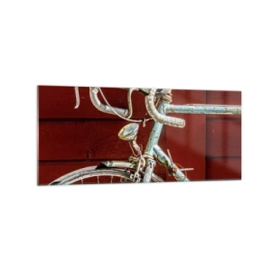 Impression sur verre - Image sur verre - Un vélo vintage contre un mur en bois rouge - 120x50cm - Construit pour la victoire - Décoration murale moderne pour le salon et la chambre ARTTOR
