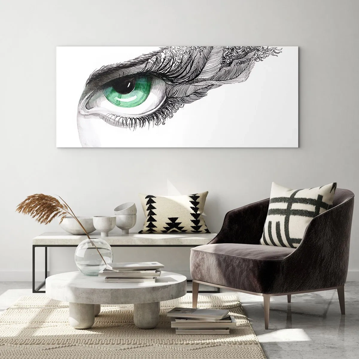 Impression sur verre - Image sur verre - Œil artistique avec iris vert et détails de dessin - 140x50cm - Belle et prête à l'attaque - Décoration murale moderne pour le salon et la chambre ARTTOR